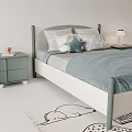 Kids Bed with Green Frame Curved Headboard Blue Quilt Pillows Bedside Tables Cartoon Patterned Rug