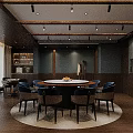 Elegant Private Dining Room With Round Table Chairs Ceiling Pendant Lights And Decorative Painting