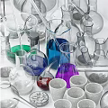 Lab Inspired Decorative Glassware Ornament Set on Wall Shelves with Various Shapes and Colored Liquids