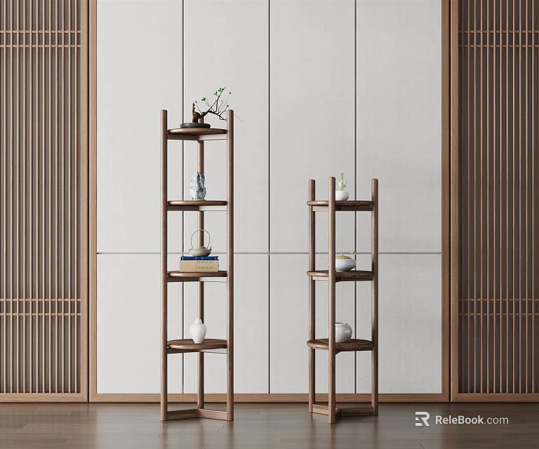 Garden Decor Multi-tiered Wooden Shelves with Vases Small Plants in Wooden Lattice White Wall Setting 3d model 