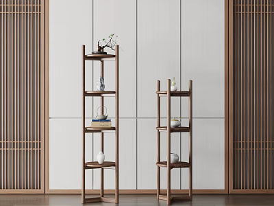 Garden Decor Multi-tiered Wooden Shelves with Vases Small Plants in Wooden Lattice White Wall Setting 3d model