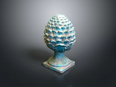 Ancient Bronze Pinecone Shaped Artifact Featuring Scaly Texture Square Base And Turquoise Patina 3d model