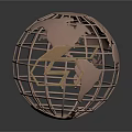 Metallic Globe Sculpture With Wireframe Design And Hexagonal Geometric Component