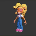 Cartoon Game Movie Character With Blonde Curly Hair Orange Skin Blue Overalls And Pink Shoes