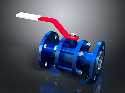 Blue Flanged Ball Valve With Red Handle And Metal Reflective Surface 3d model