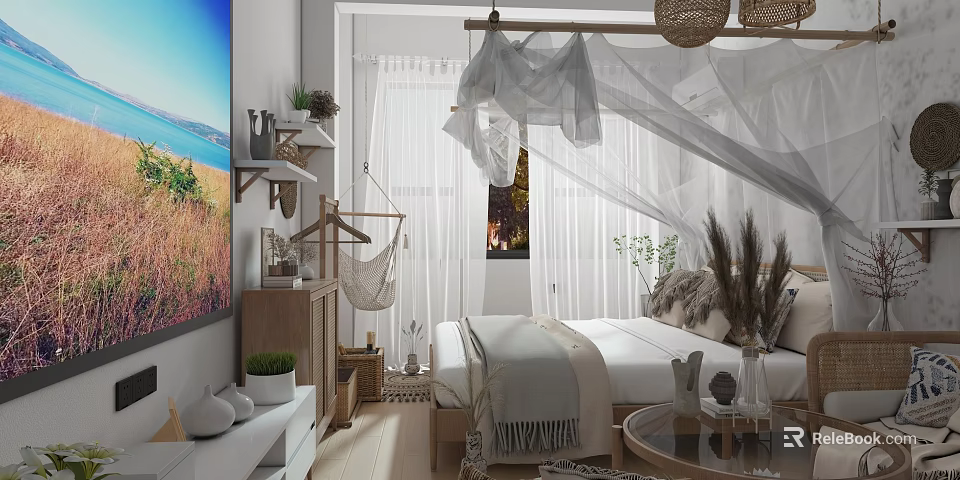 Cozy Modern Hotel Guest Room Interior With Canopy Bed Hanging Chair TV Natural Light And Plants 3d model 