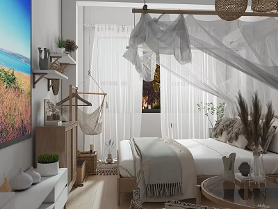 Cozy Modern Hotel Guest Room Interior With Canopy Bed Hanging Chair TV Natural Light And Plants 3d model