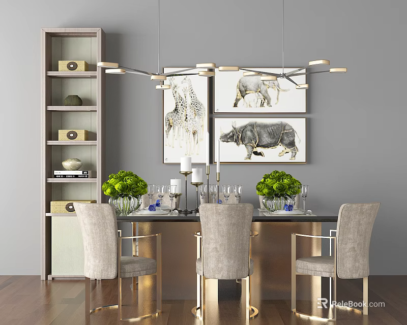 Modern Elegant Dining Table Set With Beige Chairs Metal Frame Chandelier And Animal Wall Paintings 3d model 