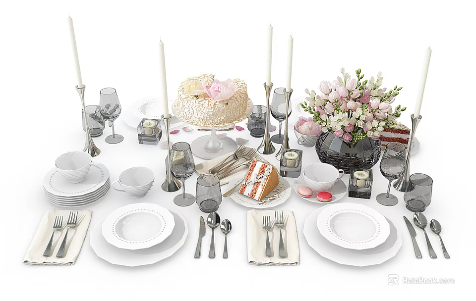 Elegant Dinnerware Set With Plates Cutlery Glasses Cake And Flower Bouquet 3d model 