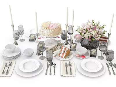 Elegant Dinnerware Set With Plates Cutlery Glasses Cake And Flower Bouquet 3d model