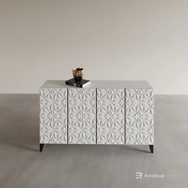 White Chest of Drawers with Geometric Pattern Doors Black Legs and Decorative Top 3d model 