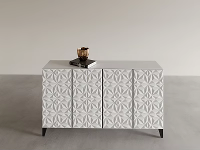 White Chest of Drawers with Geometric Pattern Doors Black Legs and Decorative Top 3d model