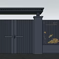 Dark Blue Entrance Gate With Golden Lotus Fish Patterns Side Pillars And Top Beam Design