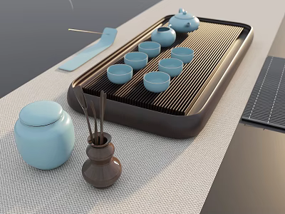 Traditional Tea Set Including Teapot Tray Cups Light Blue Jar Brown Incense Holder on Tablecloth 3d model
