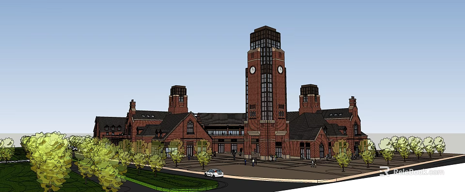 Classical Red Brick Commercial Complex With Tall Clock Tower Surrounding Trees Pedestrians And Vehicles 3d model 
