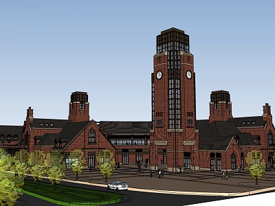 Classical Red Brick Commercial Complex With Tall Clock Tower Surrounding Trees Pedestrians And Vehicles 3d model