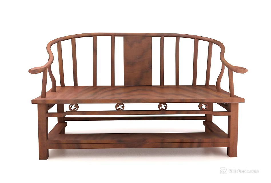 Wooden Multi-person Sofa With Traditional Curved Backrest And Carved Armrest Design 3d model 