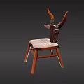 Unique Wooden Stool Featuring Antler Shaped Backrest Solid Wood Brown Finish Design 3d model