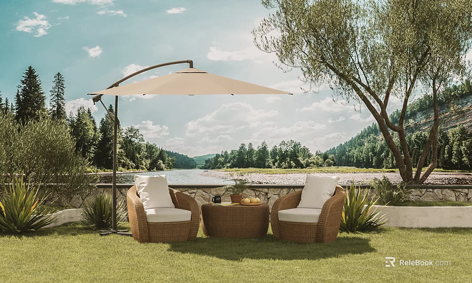 Wicker Outdoor Sofa with Parasol Coffee Table in Garden Grass Trees and Lake View 3d model 
