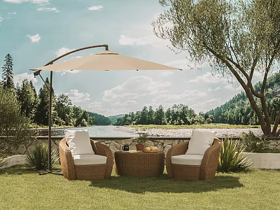 Wicker Outdoor Sofa with Parasol Coffee Table in Garden Grass Trees and Lake View 3d model