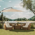 Wicker Outdoor Sofa with Parasol Coffee Table in Garden Grass Trees and Lake View