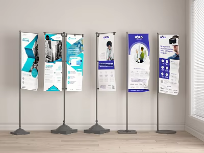 Public Facility Roll Up Banners With Various Commercial Posters For Information Display In Public Area 3d model