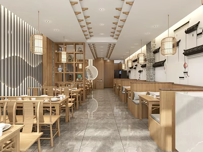 Traditional Chinese Restaurant Interior With Wooden Tables Chairs Hanging Lanterns And Wall Decor 3d model