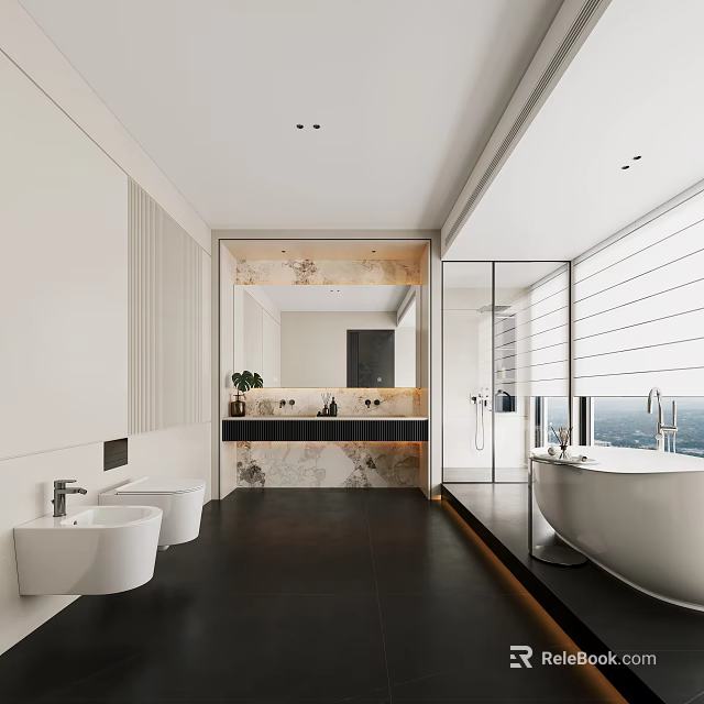 Modern Bathroom Interior With Marble Walls Vanity Mirror Large Window And Freestanding Bathtub 3d model 