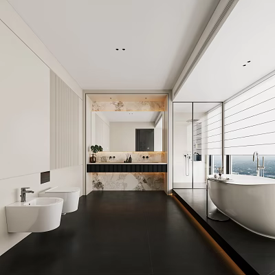 Modern Bathroom Interior With Marble Walls Vanity Mirror Large Window And Freestanding Bathtub 3d model