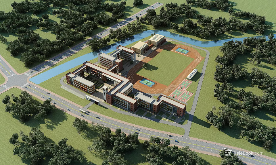 Modern Campus School Building With Multi Story Structure Green Playground And Lush Trees 3d model 