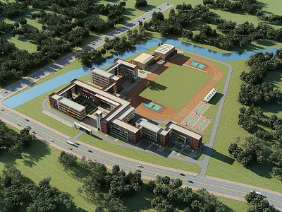 Modern Campus School Building With Multi Story Structure Green Playground And Lush Trees 3d model