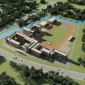 Modern Campus School Building With Multi Story Structure Green Playground And Lush Trees