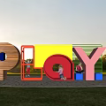 Outdoor Playground Equipment with Colorful PLAY Letter Structures and Kids Playing on Grass