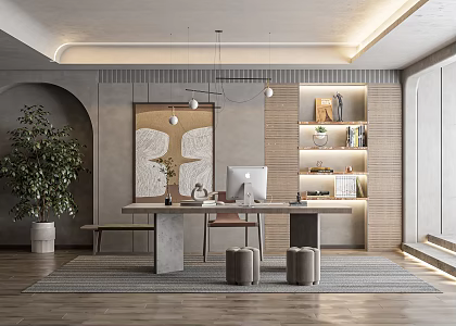 Quiet Study Desk Chair Writing Desk Bookcase Desk Lounge Chair Chandelier Decorative Cabinet 3d model
