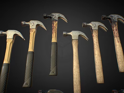 Weapons Hammers With Various Designs Wooden Rubber Handles And Bloodstained Marks 3d model