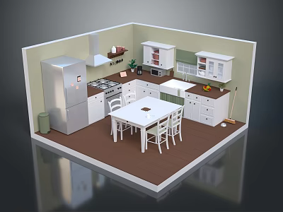 Cartoon Kitchen Scene with 3D Model Cabinets Refrigerator Dining Table Chairs and Wooden Floor 3d model
