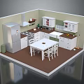 Cartoon Kitchen Scene with 3D Model Cabinets Refrigerator Dining Table Chairs and Wooden Floor