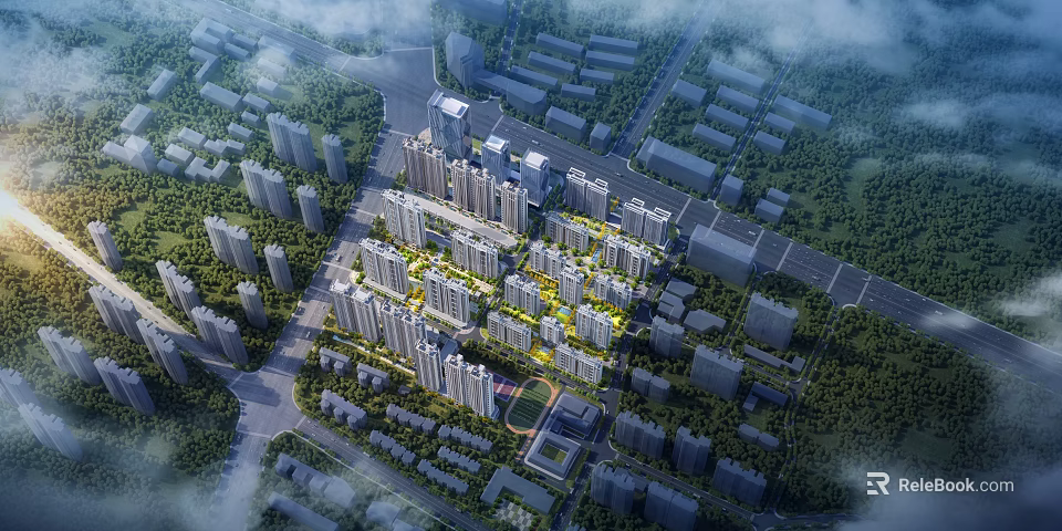 Birds Eye View Urban Planning With High Rise Buildings And Green Spaces 3d model 