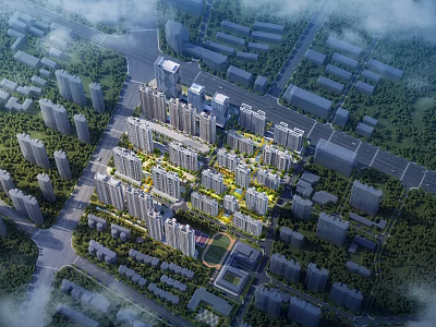 Birds Eye View Urban Planning With High Rise Buildings And Green Spaces 3d model