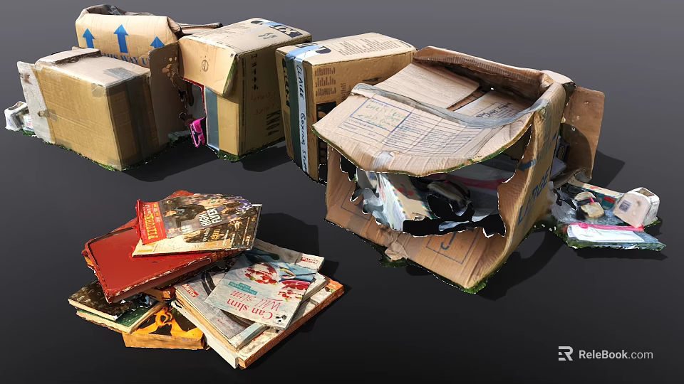Stacked Cardboard Boxes With Scattered Books And Various Household Items Inside 3d model 