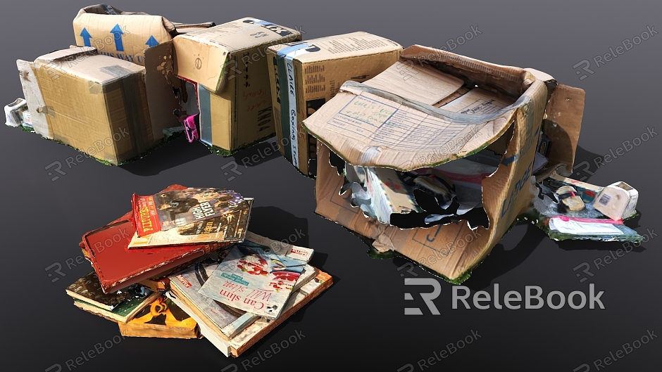 Old life items, old cardboard boxes, old book collections, recyclables model