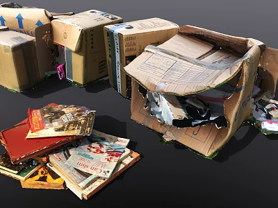 Stacked Cardboard Boxes With Scattered Books And Various Household Items Inside 3d model