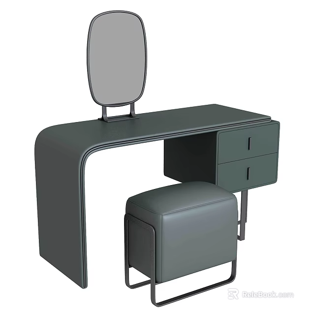 Sleek Modern Grey Dressing Table Design With Mirror Stool And Drawers 3d model