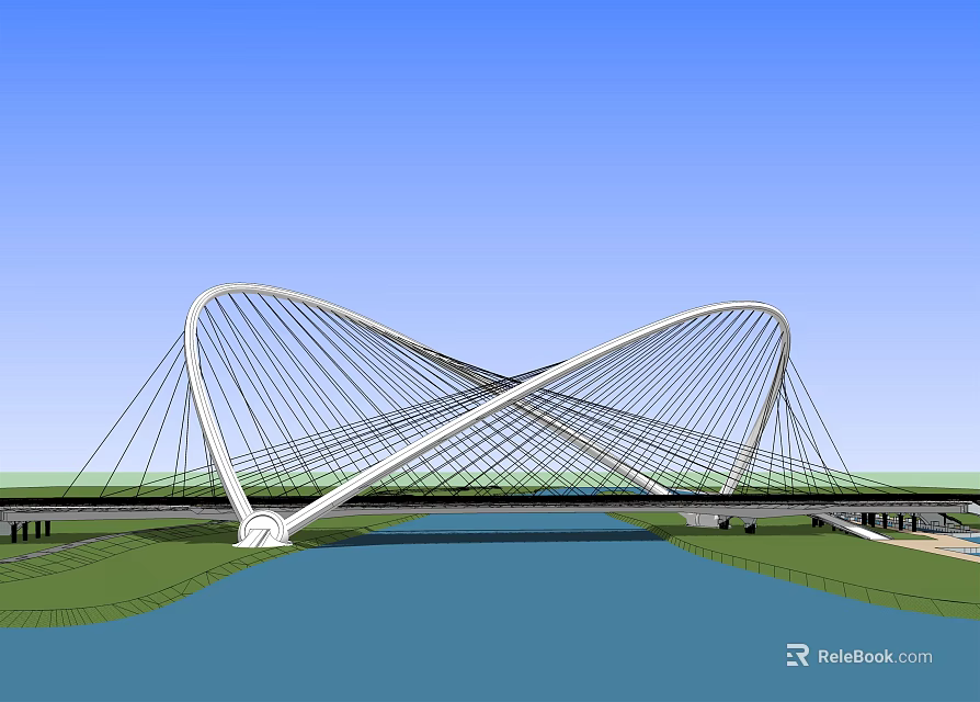Modern Cable Stayed Bridge With White Crossed Towers Over River And Blue Sky 3d model