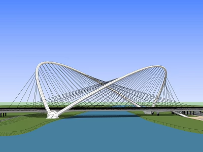 Modern Cable Stayed Bridge With White Crossed Towers Over River And Blue Sky 3d model