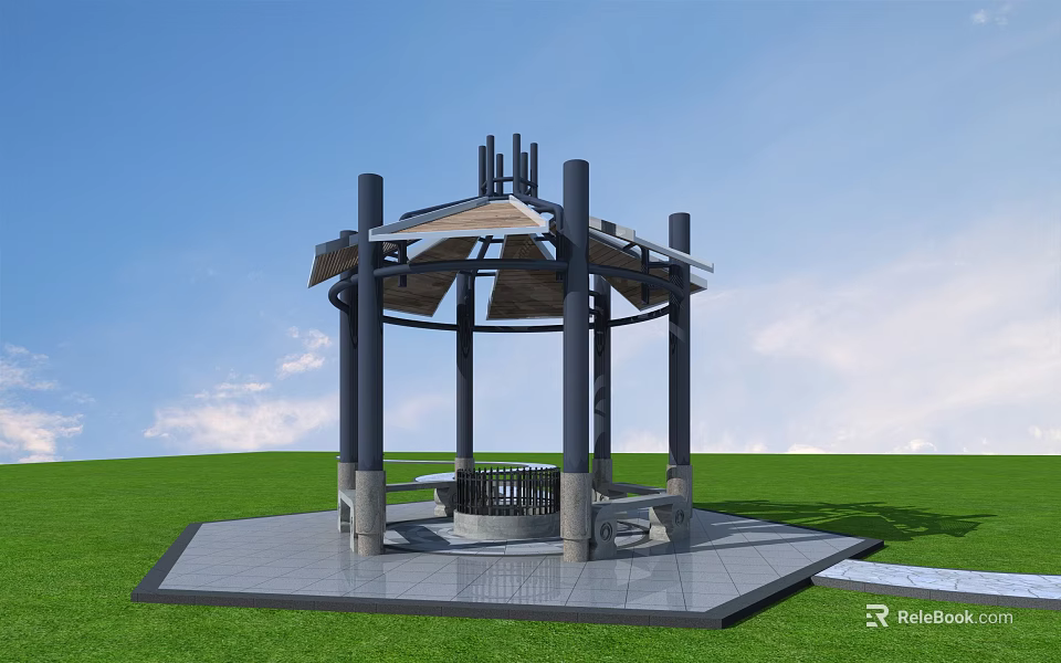 Outdoor Pavilion With Black Pillars Wooden Roof And Benches On Green Grassland 3d model 