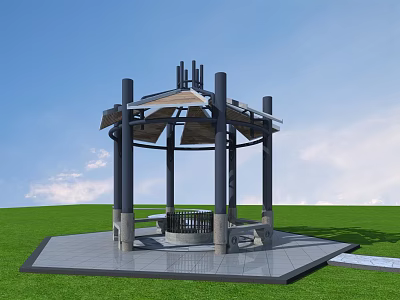 Outdoor Pavilion With Black Pillars Wooden Roof And Benches On Green Grassland 3d model