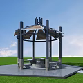 Outdoor Pavilion With Black Pillars Wooden Roof And Benches On Green Grassland