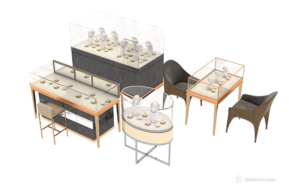 Jewelry Display Shelves With Glass Cases Square Round Shapes And Metal Frames 3d model 