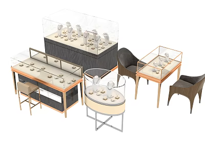 Jewelry Display Shelves With Glass Cases Square Round Shapes And Metal Frames 3d model